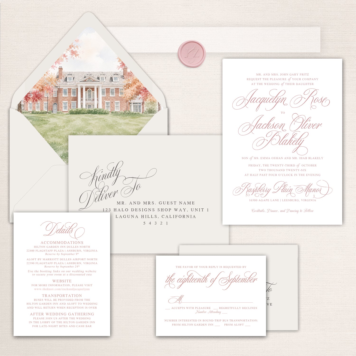 Elegant Raspberry Plain Manor wedding invitation suite in soft ivory and dusty rose, featuring a watercolor illustration of the historic Leesburg, Virginia estate Raspberry Plain Manor as an envelope liner. The coordinated suite includes a formal wedding invitation, addressed envelope, accommodations and details card, and RSVP card in a romantic, refined design.