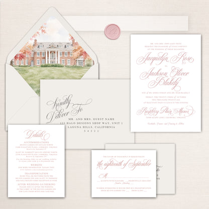 Elegant Raspberry Plain Manor wedding invitation suite in soft ivory and dusty rose, featuring a watercolor illustration of the historic Leesburg, Virginia estate Raspberry Plain Manor as an envelope liner. The coordinated suite includes a formal wedding invitation, addressed envelope, accommodations and details card, and RSVP card in a romantic, refined design.