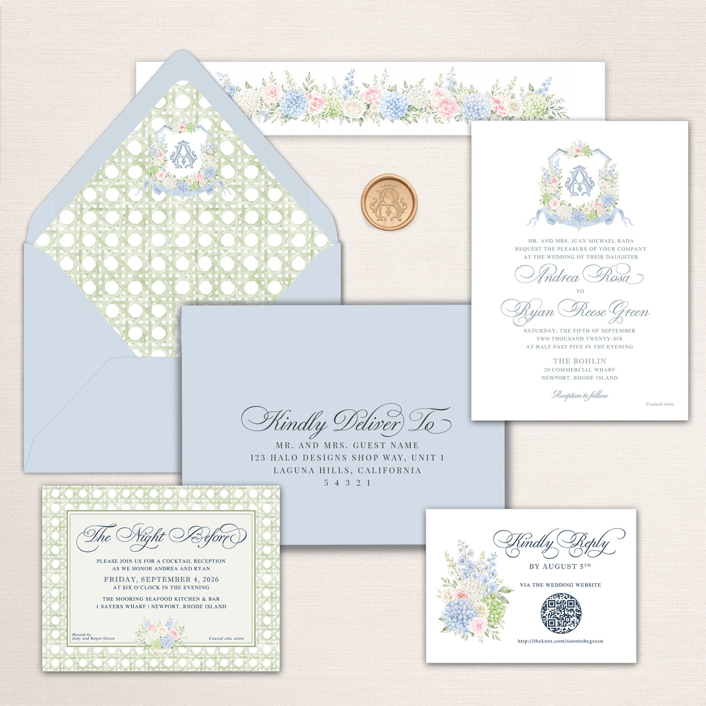 Elegant coastal wedding invitation suite with soft blue, sage green, ivory, blush pink, and hydrangea blue. The suite features a pale blue envelope with a watercolor green rattan-pattern liner and floral monogram crest, a coordinating gold monogram wax seal, and a formal white wedding invitation with delicate blue calligraphy and a watercolor floral crest. Coordinating pieces include an addressed envelope, a floral-lined belly band, a rattan-bordered reception card, and RSVP with QR code.