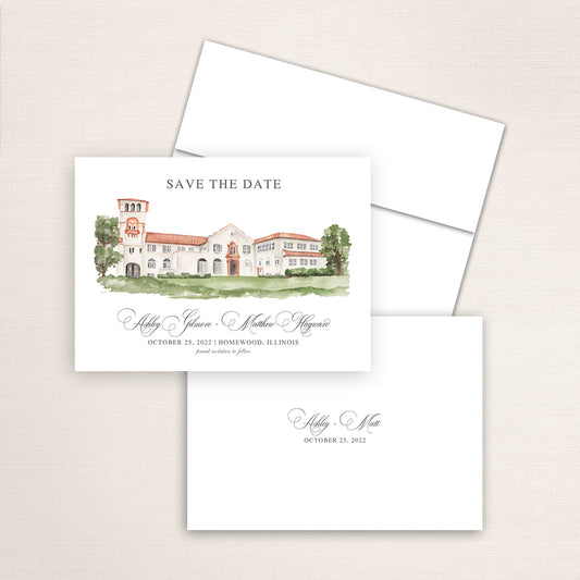 Custom watercolor Save the Date card featuring hand-painted venue illustration of Ravisloe Country Club in Homewood, Illinois, personalized wedding stationery with elegant venue artwork. 