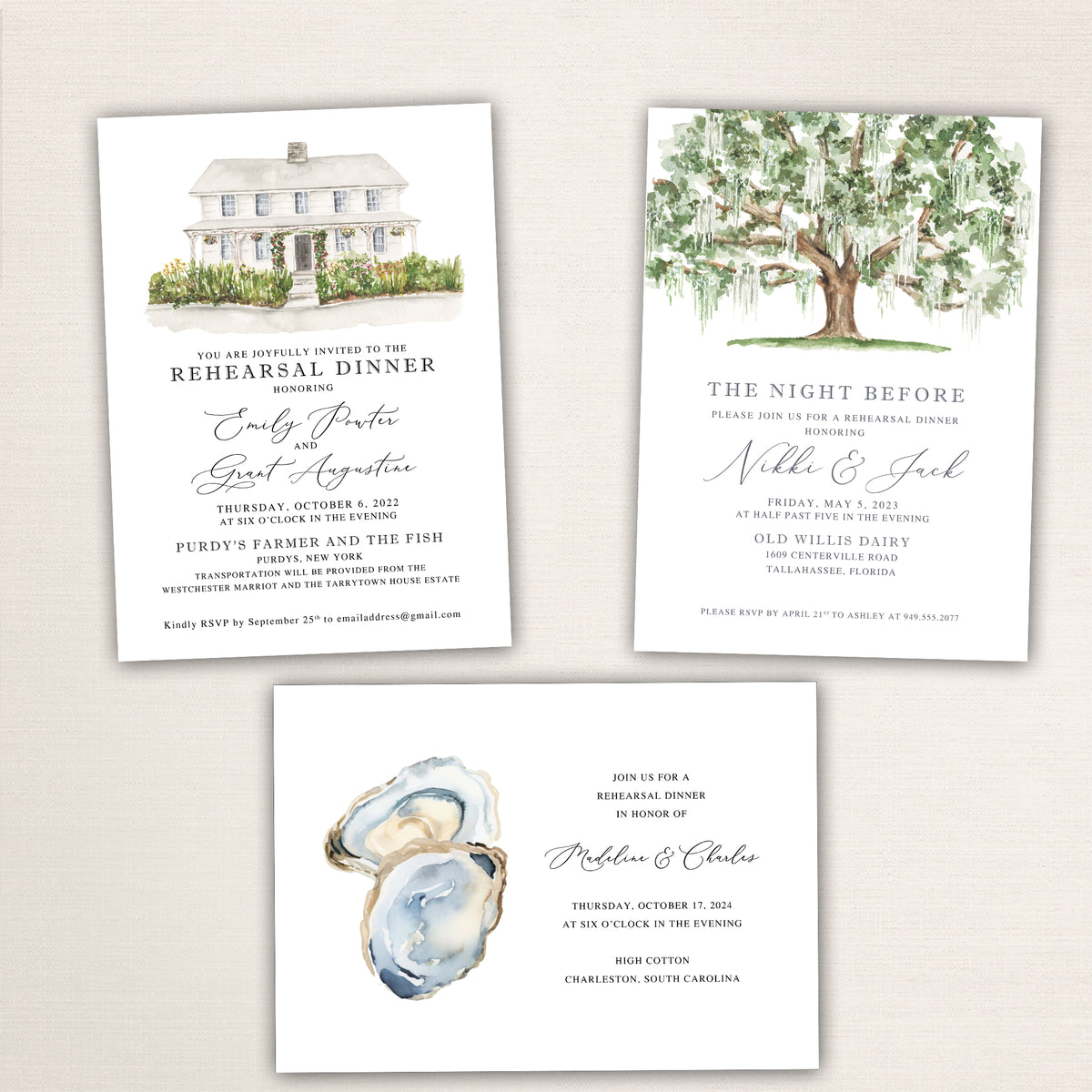 Personalized watercolor rehearsal dinner invitations featuring a charming historic farmhouse with garden landscaping, a majestic Southern live oak draped in Spanish moss, and delicate blue oyster shell artwork. These elegant wedding rehearsal dinner invitation designs combine hand-painted illustrations, refined calligraphy, and classic typography for coastal, garden, rustic estate, and Charleston-inspired wedding weekend celebrations.