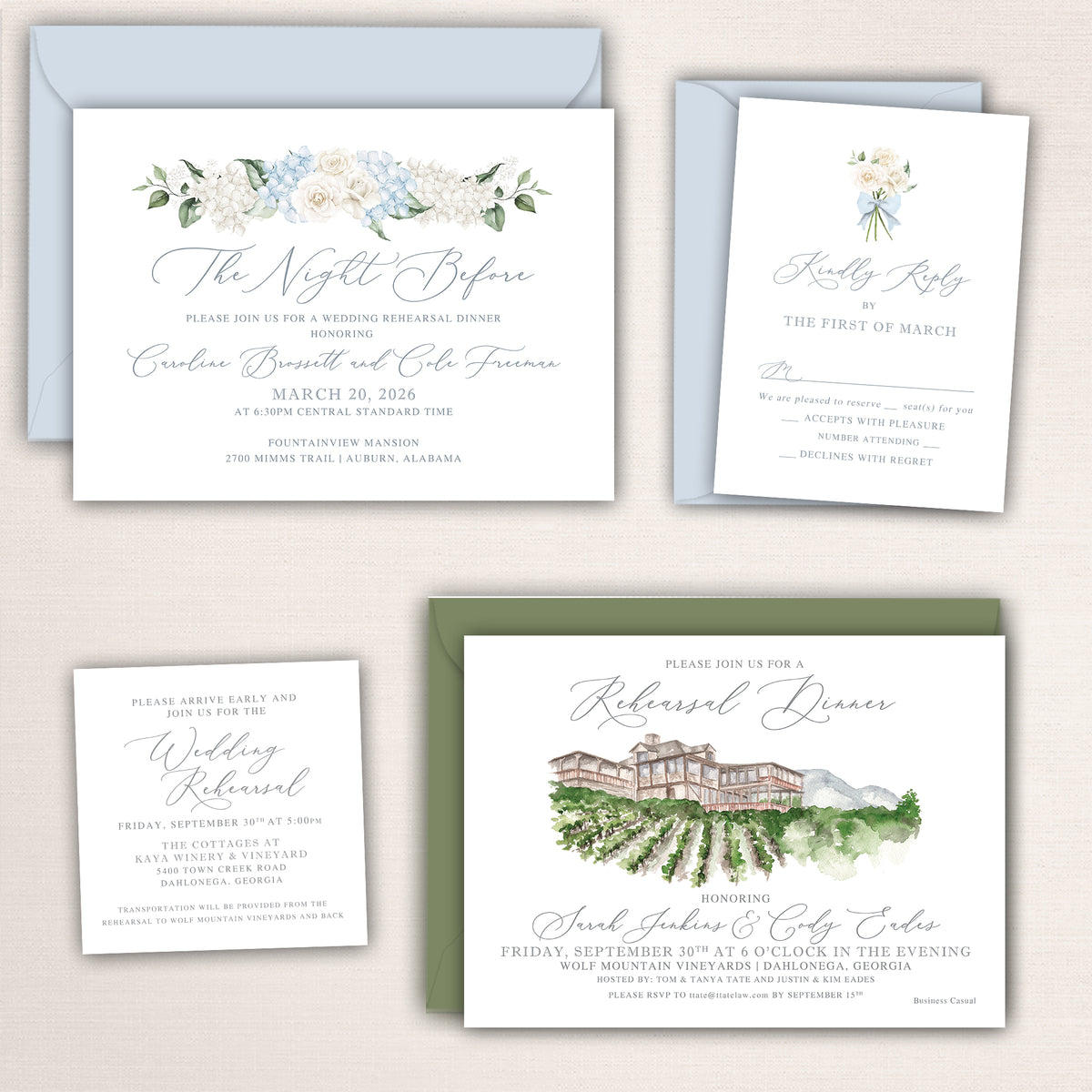 Collection of personalized rehearsal dinner invitations featuring soft blue hydrangeas, white roses, elegant calligraphy, and coordinating RSVP cards with pale blue envelopes. Additional watercolor wedding rehearsal stationery includes a custom vineyard venue illustration, sage green envelope, and classic typography. Romantic invitation designs ideal for garden weddings, winery celebrations, and elegant wedding weekend events.