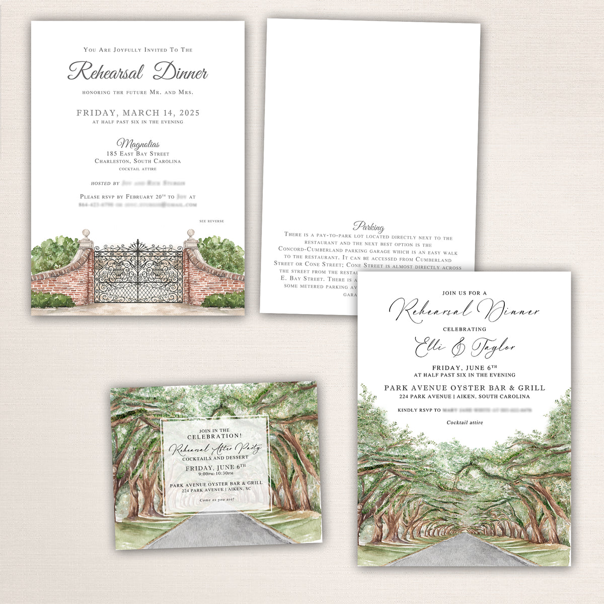 Custom Southern wedding rehearsal dinner invitations featuring hand-painted watercolor venue artwork and timeless calligraphy. Designs include a Charleston wrought iron garden gate with brick pillars and greenery, plus a romantic live oak tree canopy lining a Southern avenue. Elegant personalized rehearsal dinner and rehearsal after-party stationery with traditional typography, perfect for Charleston, Lowcountry, and historic estate wedding celebrations.
