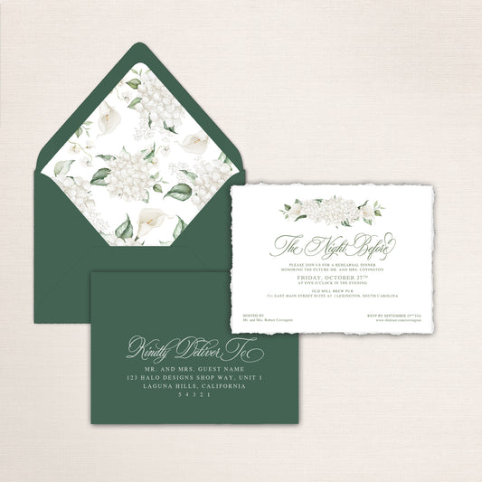 Elegant custom rehearsal dinner invitation featuring delicate white hydrangea and calla lily watercolor florals, romantic calligraphy, and handmade deckled edges. Paired with a deep forest green envelope, coordinating floral envelope liner, and personalized guest addressing, this sophisticated wedding rehearsal dinner stationery creates a timeless look for a classic garden or formal wedding celebration.