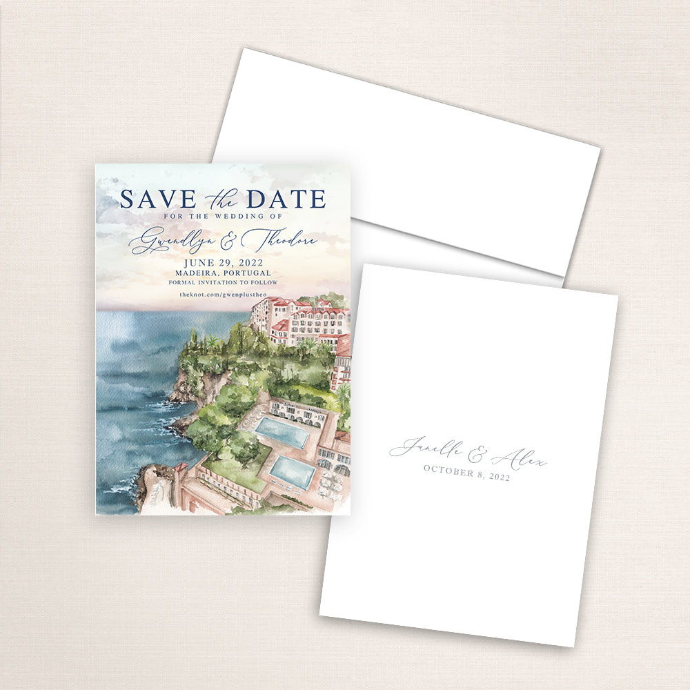 Custom watercolor Save the Date card featuring hand-painted venue illustration of Reids Belmont in Madeira, Portugal, personalized wedding stationery with elegant venue artwork. 
