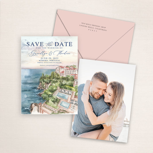 Custom watercolor Save the Date card featuring hand-painted venue illustration of Reids Belmont in Madeira, Portugal, personalized wedding stationery with elegant venue artwork with matching envelope.