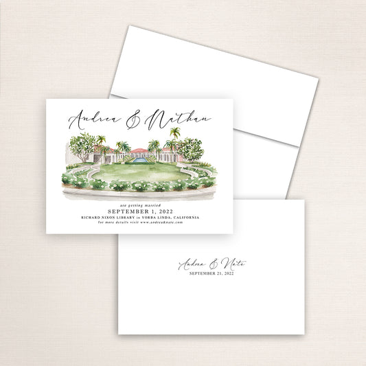 Custom watercolor Save the Date card featuring hand-painted venue illustration of the Richard Nixon Library in Yorba Linda, California, personalized wedding stationery with elegant venue artwork. 