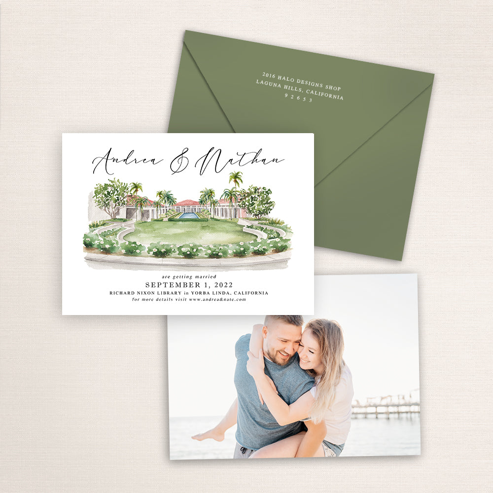 Custom watercolor Save the Date card featuring hand-painted venue illustration of the Richard Nixon Library in Yorba Linda, California, personalized wedding stationery with elegant venue artwork with matching envelope.