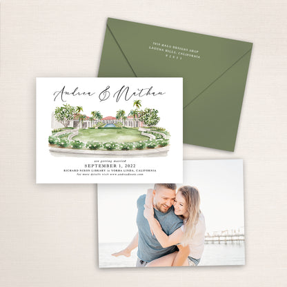 Custom watercolor Save the Date card featuring hand-painted venue illustration of the Richard Nixon Library in Yorba Linda, California, personalized wedding stationery with elegant venue artwork with matching envelope.