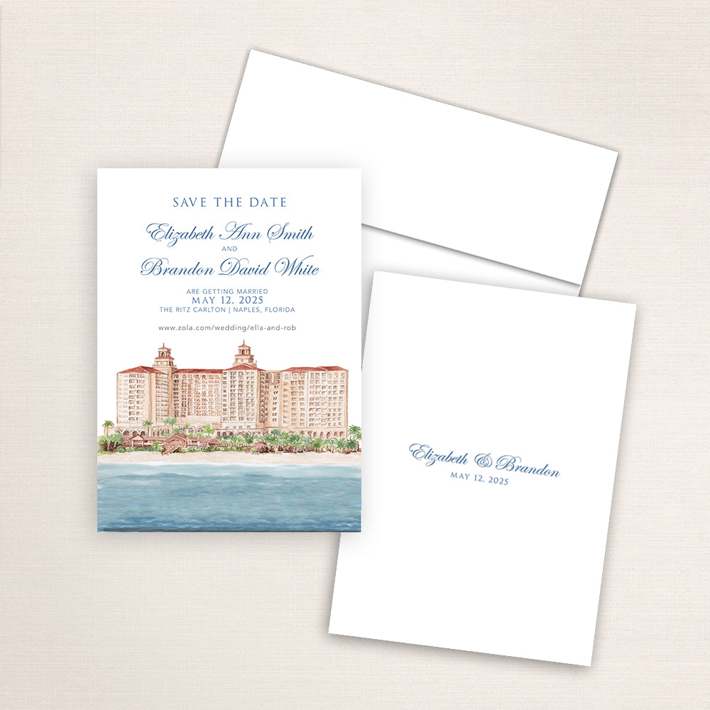 Wedding save the date announcements featuring a hand-painted venue watercolor of the Ritz Carlton Naples, Florida.