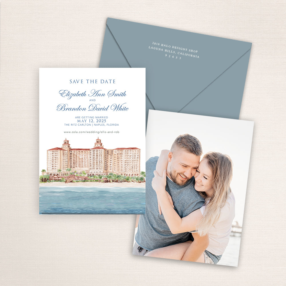 Wedding save the date cards featuring a hand-painted venue watercolor of the Ritz Carlton Naples with an engagement photo on the back and matching envelopes.