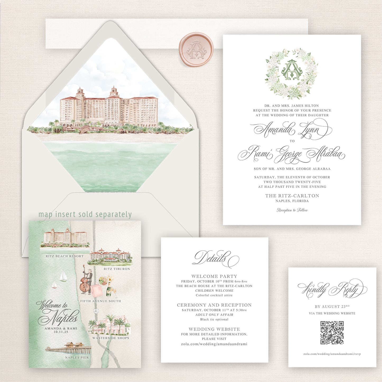 Watercolor wedding invitation suite inspired by The Ritz-Carlton Naples, featuring a hand-painted venue illustration on the envelope liner, a floral monogram crest invitation, coordinating details and RSVP cards, and a watercolor map of Naples landmarks including the Ritz Beach Resort and Fifth Avenue South.