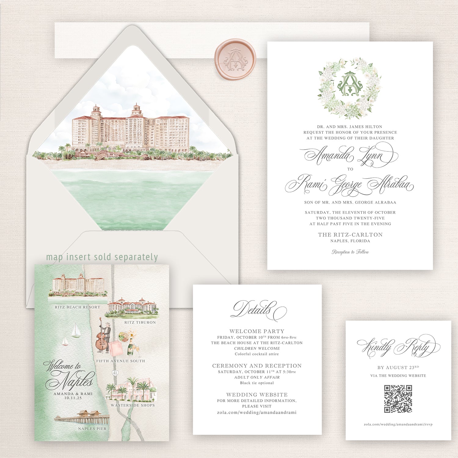 Watercolor wedding invitation suite inspired by The Ritz-Carlton Naples, featuring a hand-painted venue illustration on the envelope liner, a floral monogram crest invitation, coordinating details and RSVP cards, and a watercolor map of Naples landmarks including the Ritz Beach Resort and Fifth Avenue South.