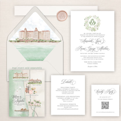 Watercolor wedding invitation suite inspired by The Ritz-Carlton Naples, featuring a hand-painted venue illustration on the envelope liner, a floral monogram crest invitation, coordinating details and RSVP cards, and a watercolor map of Naples landmarks including the Ritz Beach Resort and Fifth Avenue South.