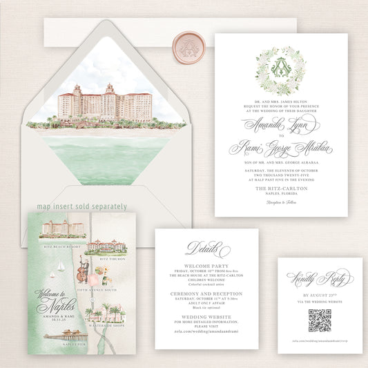 Watercolor wedding invitation suite inspired by The Ritz-Carlton Naples, featuring a hand-painted venue illustration on the envelope liner, a floral monogram crest invitation, coordinating details and RSVP cards, and a watercolor map of Naples landmarks including the Ritz Beach Resort and Fifth Avenue South.