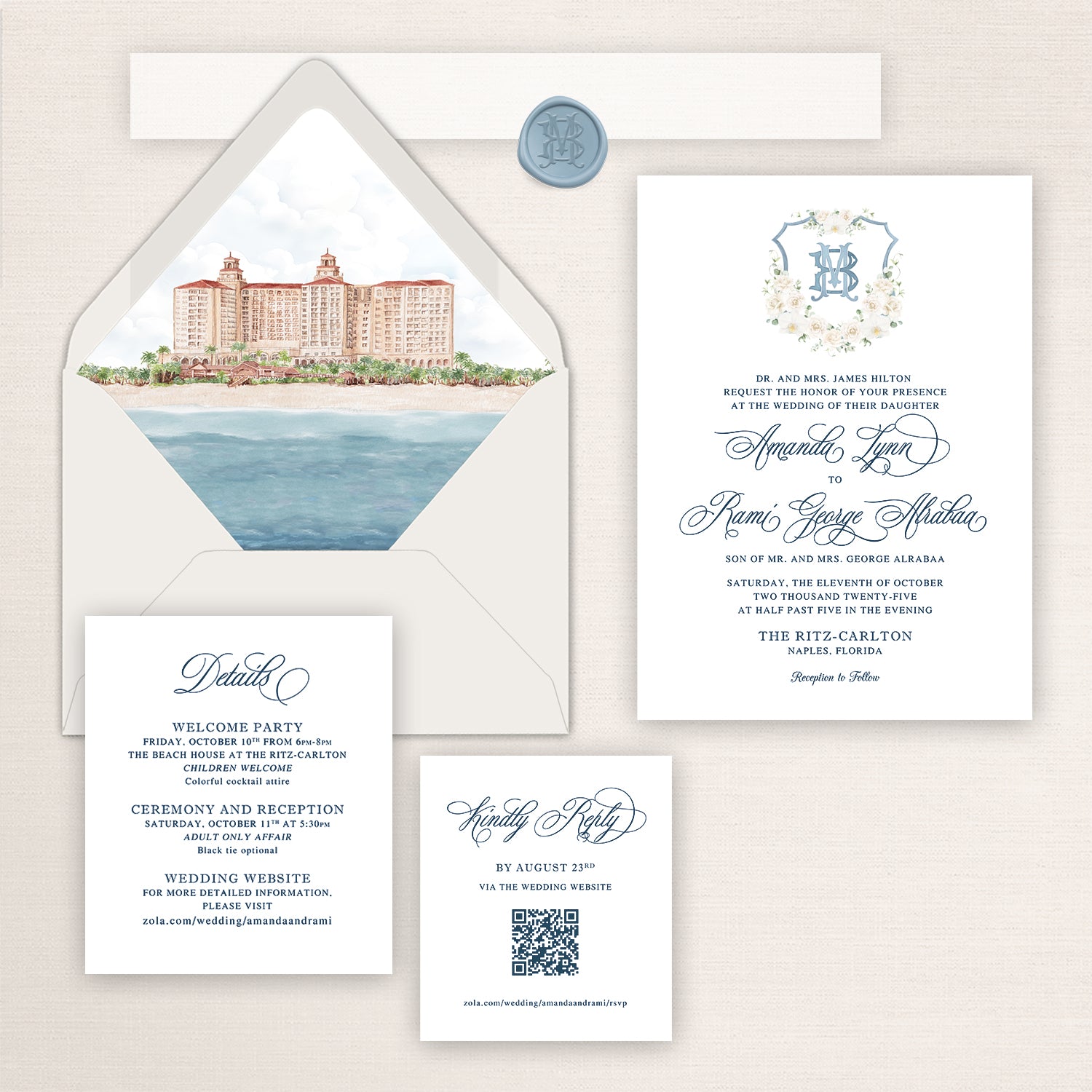 Watercolor wedding invitation suite inspired by The Ritz-Carlton Naples, featuring a hand-painted venue illustration on the envelope liner, a floral monogram white floral crest invitation, coordinating details and RSVP cards with blue accents, and a matching monogram wax seal.