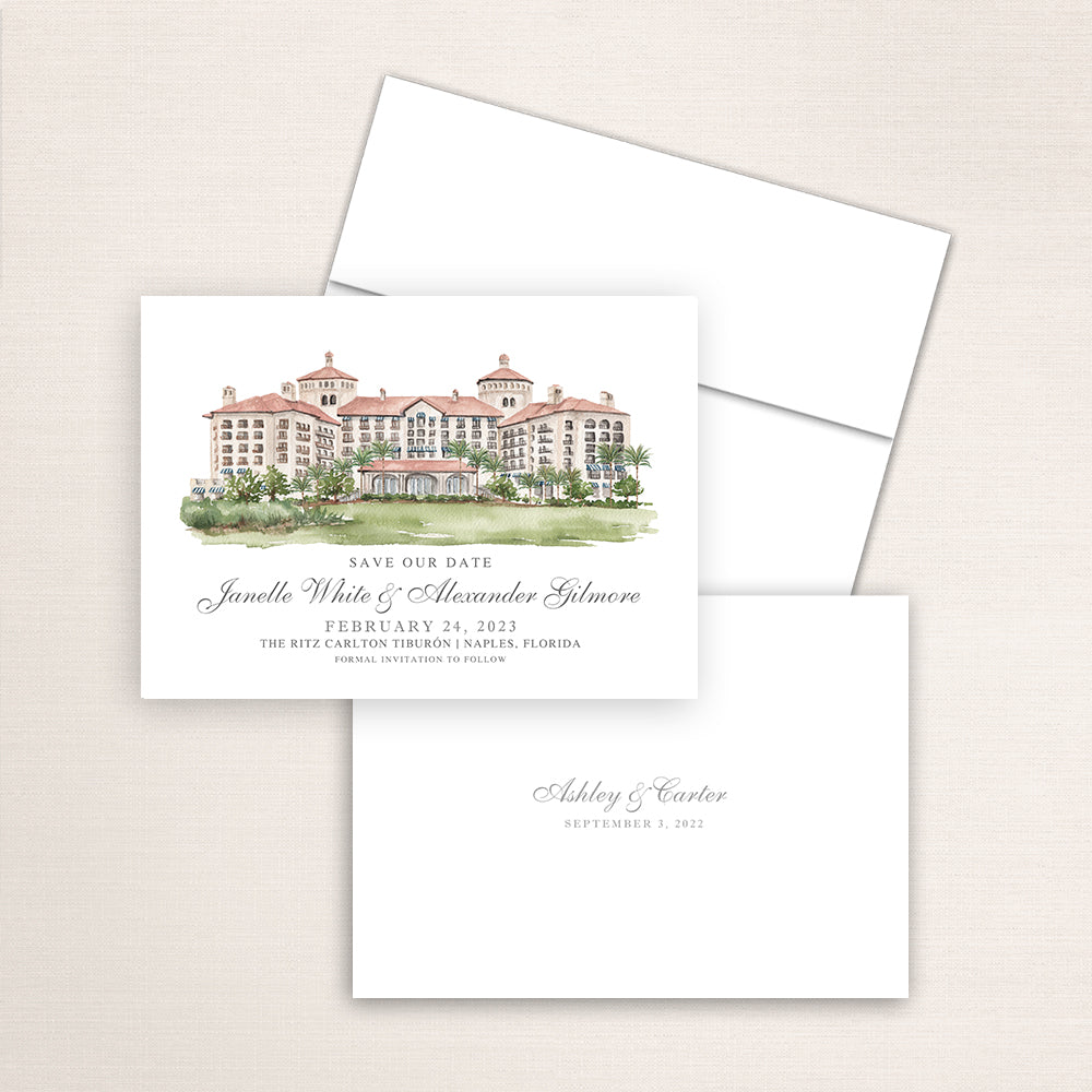 Custom watercolor Save the Date card featuring hand-painted venue illustration of the Ritz Carlton Tiburon in Naples, Florida, personalized wedding stationery with elegant venue artwork. 