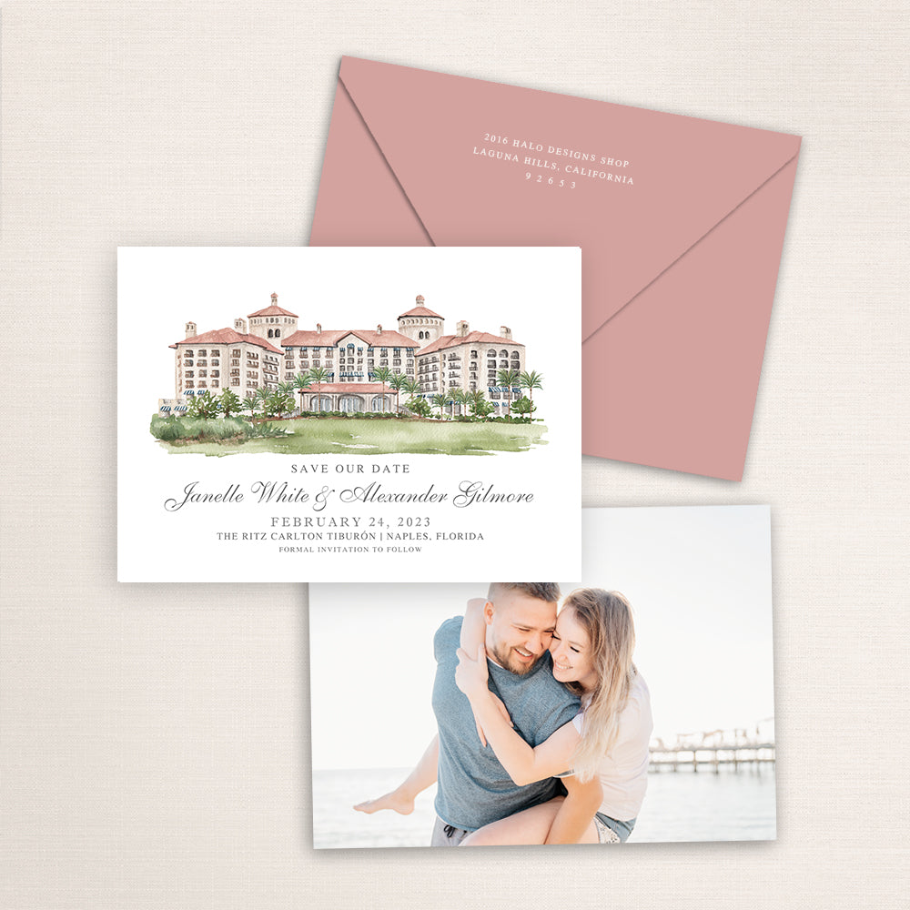 Custom watercolor Save the Date card featuring hand-painted venue illustration of the Ritz Carlton Tiburon in Naples, Florida, personalized wedding stationery with elegant venue artwork with matching envelope.