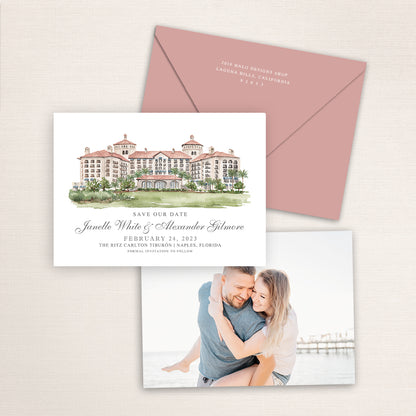 Custom watercolor Save the Date card featuring hand-painted venue illustration of the Ritz Carlton Tiburon in Naples, Florida, personalized wedding stationery with elegant venue artwork with matching envelope.