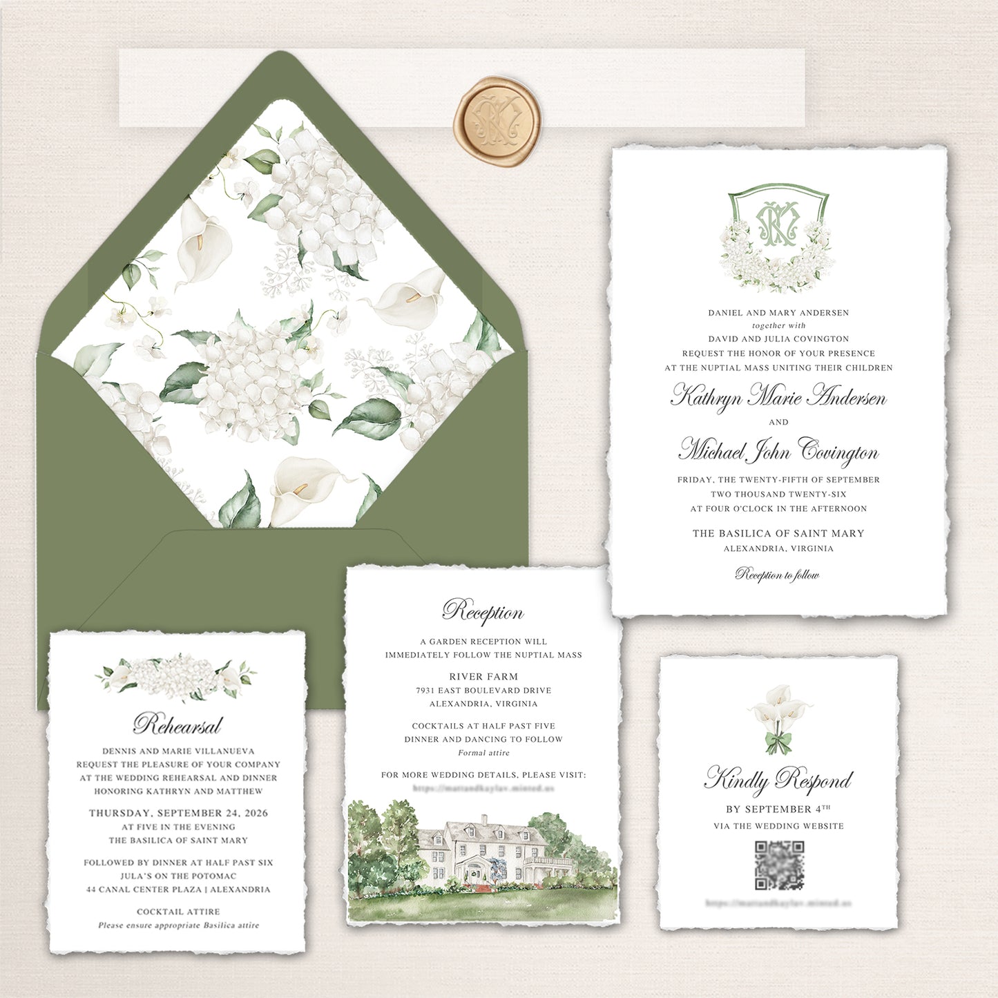 Elegant River Farm wedding invitation suite in olive green, ivory, and white, featuring watercolor hydrangeas and calla lilies, a floral envelope liner, deckled-edge wedding invitation, reception card with a watercolor illustration of River Farm in Alexandria, Virginia, rehearsal dinner invitation, and coordinating online RSVP card with QR code.