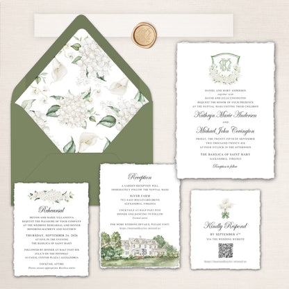 Elegant River Farm wedding invitation suite in olive green, ivory, and white, featuring watercolor hydrangeas and calla lilies, a floral envelope liner, deckled-edge wedding invitation, reception card with a watercolor illustration of River Farm in Alexandria, Virginia, rehearsal dinner invitation, and coordinating online RSVP card with QR code.
