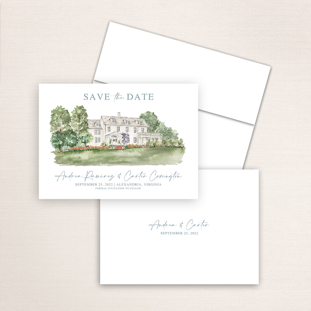 Custom watercolor Save the Date card featuring hand-painted venue illustration of River Farm in Alexandria, Virginia, personalized wedding stationery with elegant venue artwork. 