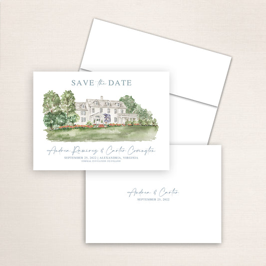 Custom watercolor Save the Date card featuring hand-painted venue illustration of River Farm in Alexandria, Virginia, personalized wedding stationery with elegant venue artwork. 