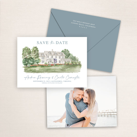 Custom watercolor Save the Date card featuring hand-painted venue illustration of River Farm in Alexandria, Virginia, personalized wedding stationery with elegant venue artwork with matching envelope.