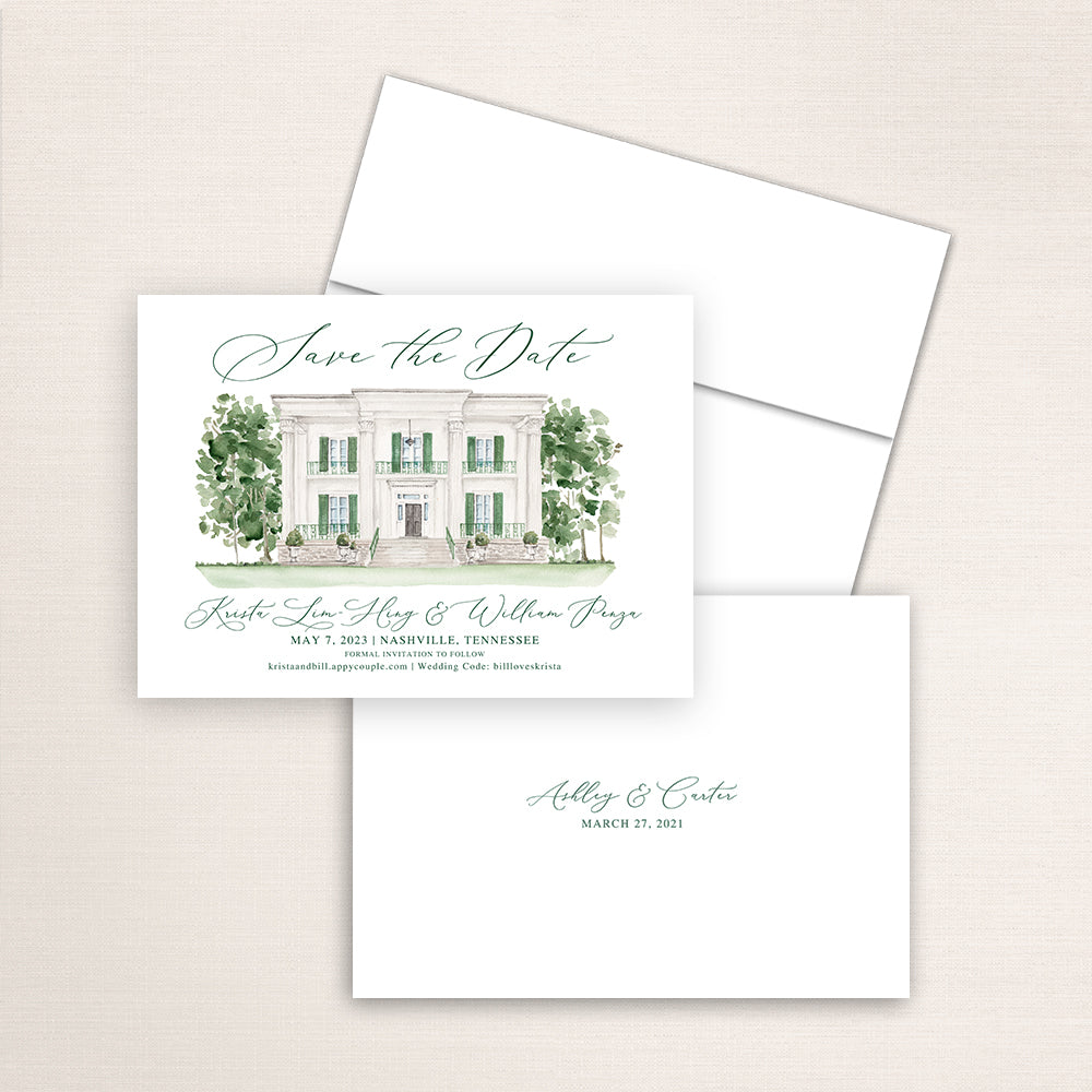 Custom watercolor Save the Date card featuring hand-painted venue illustration of Riverwood Mansion in Nashville, Tennessee, personalized wedding stationery with elegant venue artwork. 
