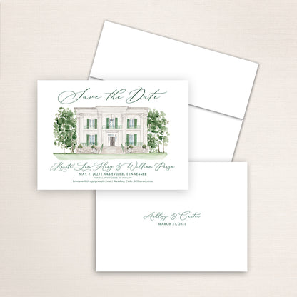 Custom watercolor Save the Date card featuring hand-painted venue illustration of Riverwood Mansion in Nashville, Tennessee, personalized wedding stationery with elegant venue artwork. 