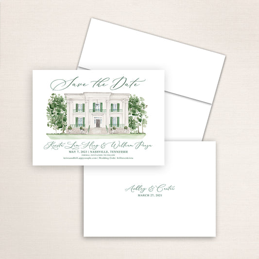 Custom watercolor Save the Date card featuring hand-painted venue illustration of Riverwood Mansion in Nashville, Tennessee, personalized wedding stationery with elegant venue artwork. 