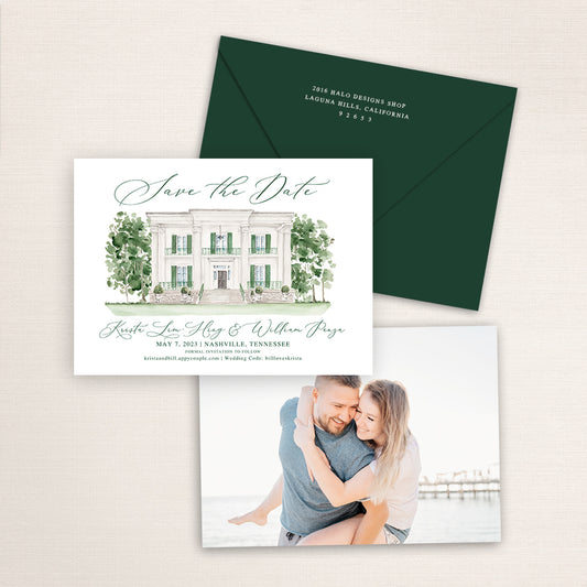 Custom watercolor Save the Date card featuring hand-painted venue illustration of Riverwood Mansion in Nashville, Tennessee, personalized wedding stationery with elegant venue artwork with matching envelope.