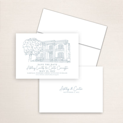 Custom sketch Save the Date card featuring hand-drawn venue illustration of Riverwood Mansion in Nashville, Tennessee, personalized wedding stationery with elegant venue artwork. 