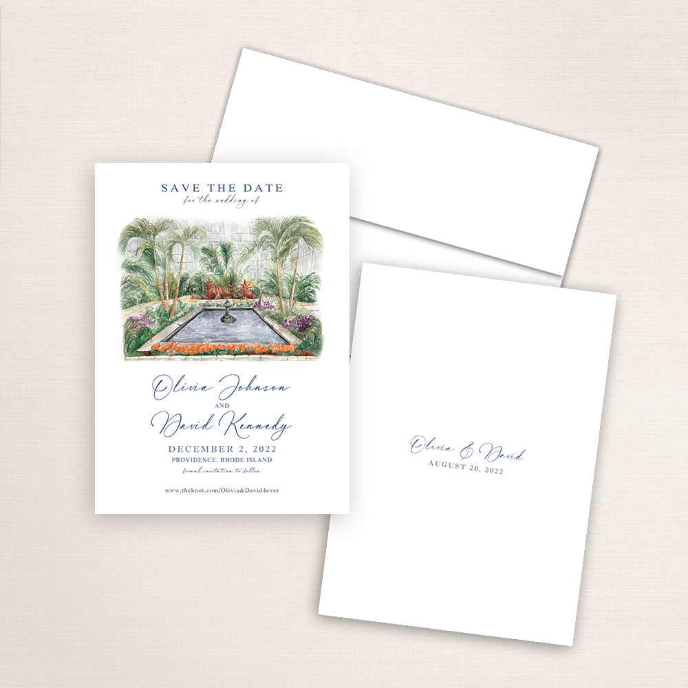 Custom watercolor Save the Date card featuring hand-painted venue illustration of Roger Williams Botanical Gardens in Providence, Rhode Island, personalized wedding stationery with elegant venue artwork. 