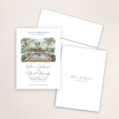 Custom watercolor Save the Date card featuring hand-painted venue illustration of Roger Williams Botanical Gardens in Providence, Rhode Island, personalized wedding stationery with elegant venue artwork. 