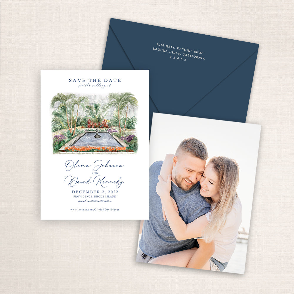 Custom watercolor Save the Date card featuring hand-painted venue illustration of Roger Williams Botanical Gardens in Providence, Rhode Island, personalized wedding stationery with elegant venue artwork with matching envelope.
