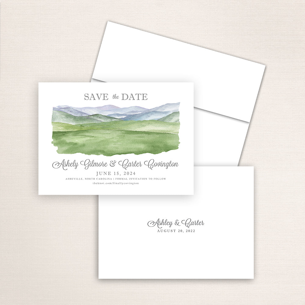 Custom watercolor Save the Date card featuring hand-painted venue illustration of Rolling Hills in Asheville, North Carolina, personalized wedding stationery with elegant venue artwork. 