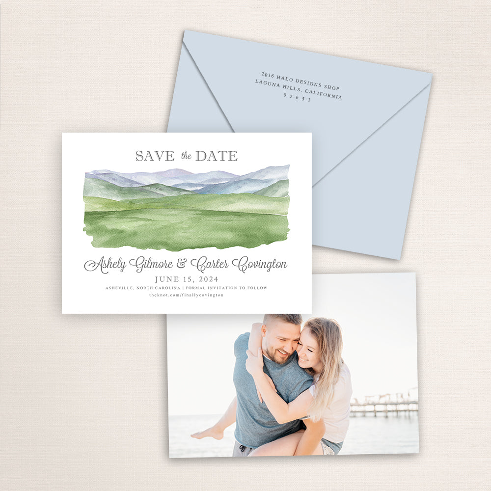 Custom watercolor Save the Date card featuring hand-painted venue illustration of Rolling Hills in Asheville, North Carolina, personalized wedding stationery with elegant venue artwork with matching envelope.