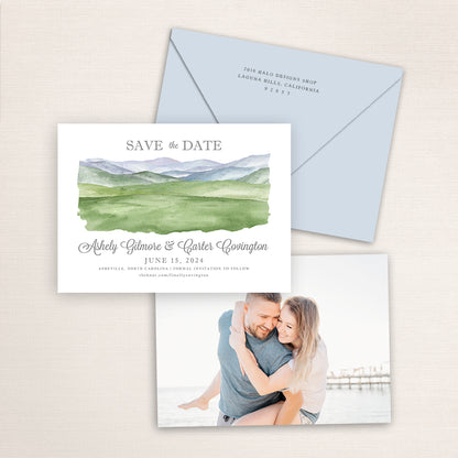 Custom watercolor Save the Date card featuring hand-painted venue illustration of Rolling Hills in Asheville, North Carolina, personalized wedding stationery with elegant venue artwork with matching envelope.