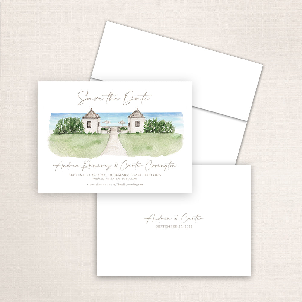 Custom watercolor Save the Date card featuring hand-painted venue illustration of Rosemary Beach in Rosemary Beach, Florida, personalized wedding stationery with elegant venue artwork. 