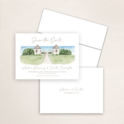 Custom watercolor Save the Date card featuring hand-painted venue illustration of Rosemary Beach in Rosemary Beach, Florida, personalized wedding stationery with elegant venue artwork. 