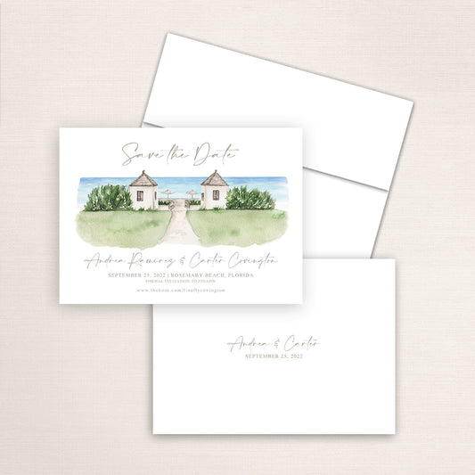 Custom watercolor Save the Date card featuring hand-painted venue illustration of Rosemary Beach in Rosemary Beach, Florida, personalized wedding stationery with elegant venue artwork. 