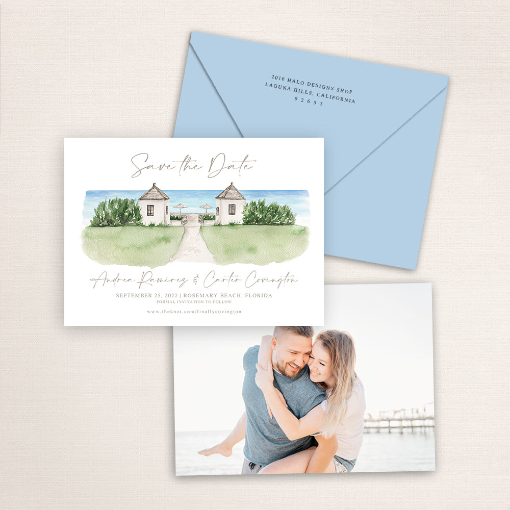 Custom watercolor Save the Date card featuring hand-painted venue illustration of Rosemary Beach in Rosemary Beach, Florida, personalized wedding stationery with elegant venue artwork with matching envelope.