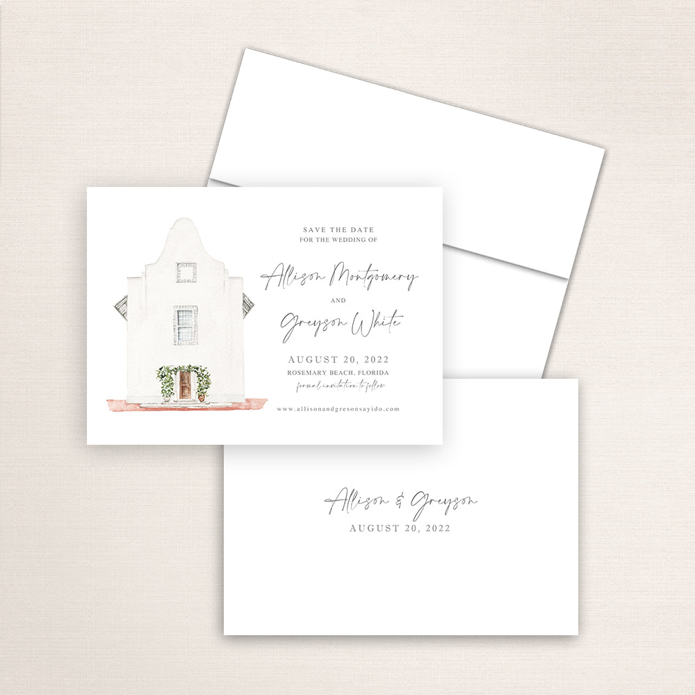 Custom watercolor Save the Date card featuring hand-painted venue illustration of Rosemary Beach Town Hall in Florida, personalized wedding stationery with elegant venue artwork. 