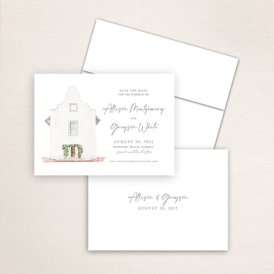 Custom watercolor Save the Date card featuring hand-painted venue illustration of Rosemary Beach Town Hall in Florida, personalized wedding stationery with elegant venue artwork. 
