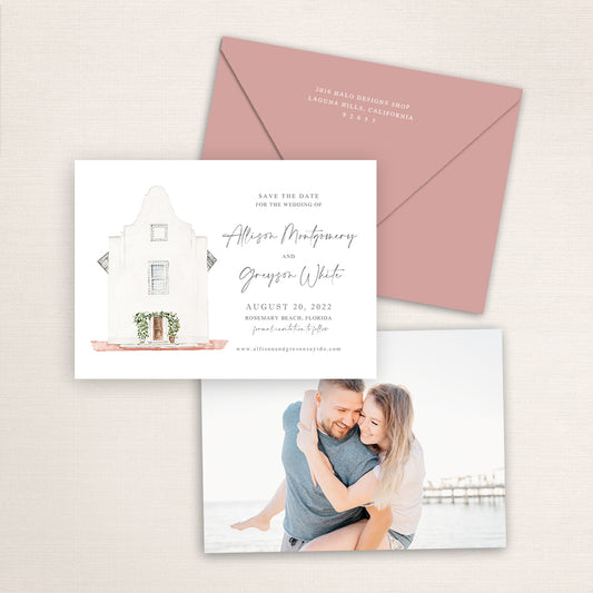 Custom watercolor Save the Date card featuring hand-painted venue illustration of Rosemary Beach Town Hall in Florida, personalized wedding stationery with elegant venue artwork with matching envelope.