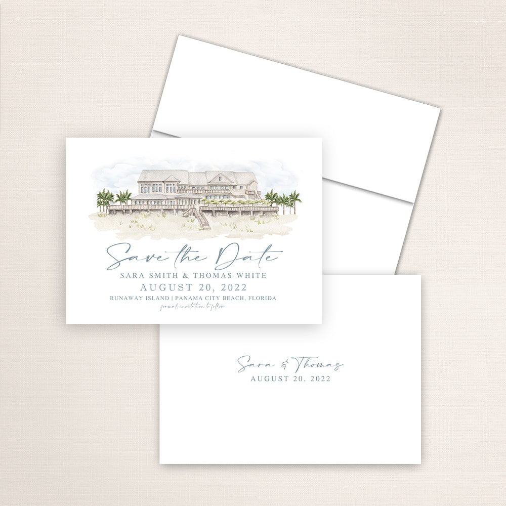 Runaway Island save the date featuring a hand-painted watercolor illustration of the beachfront venue with palm trees and boardwalk in Panama City Beach, Florida, elegant blue script typography, and minimalist back printed with the couple’s names and wedding date.