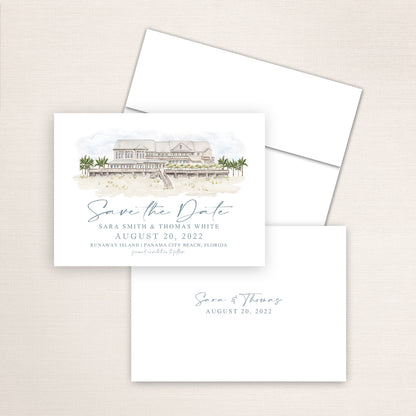 Runaway Island save the date featuring a hand-painted watercolor illustration of the beachfront venue with palm trees and boardwalk in Panama City Beach, Florida, elegant blue script typography, and minimalist back printed with the couple’s names and wedding date.