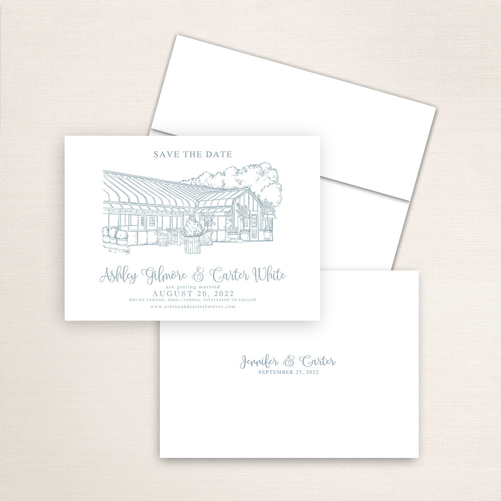 Custom Sketch Save the Date card featuring hand-drawn venue illustration of Rural Society at Warwick Farm in Mount Vernon, Ohio, personalized wedding stationery with elegant venue artwork. 