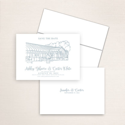 Custom Sketch Save the Date card featuring hand-drawn venue illustration of Rural Society at Warwick Farm in Mount Vernon, Ohio, personalized wedding stationery with elegant venue artwork. 